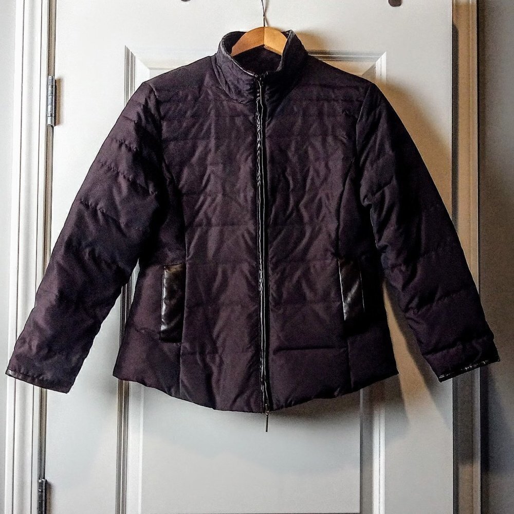 Via Spiga Brown Faux Leather Trim Duck Down Jacket